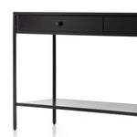 Featuring Soto Black Console Table by Four Hands at Amethyst Home. Bring a softened industrial look to the media room, dining space or entryway with a simple black-finished iron console table featuring bronzed iron hardware for modernity. Dual drawers and lower shelving add bonus storage space.Overall Dimensions: 57.00"w x 17.00"d x 30.00"hWeight : 84.8. Amethyst Home provides interior design, new home construction design consulting, vintage area rugs, and lighting in the Winter Garden metro area.