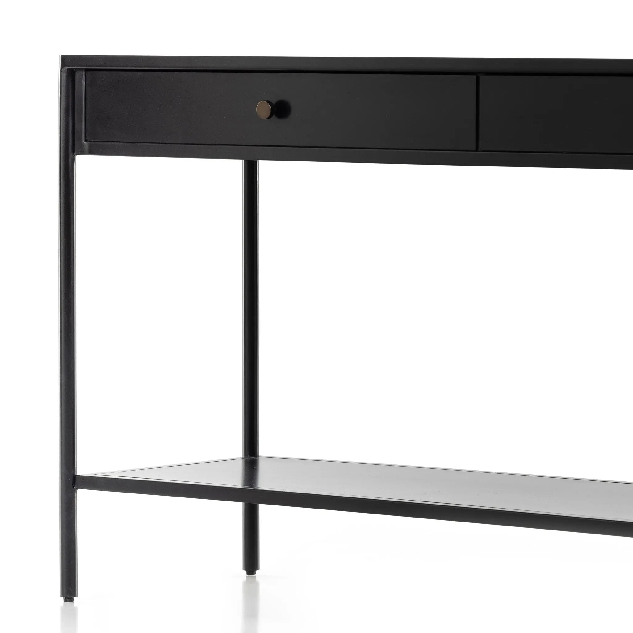 Featuring Soto Black Console Table by Four Hands at Amethyst Home. Bring a softened industrial look to the media room, dining space or entryway with a simple black-finished iron console table featuring bronzed iron hardware for modernity. Dual drawers and lower shelving add bonus storage space.Overall Dimensions: 57.00"w x 17.00"d x 30.00"hWeight : 84.8. Amethyst Home provides interior design, new home construction design consulting, vintage area rugs, and lighting in the Winter Garden metro area.