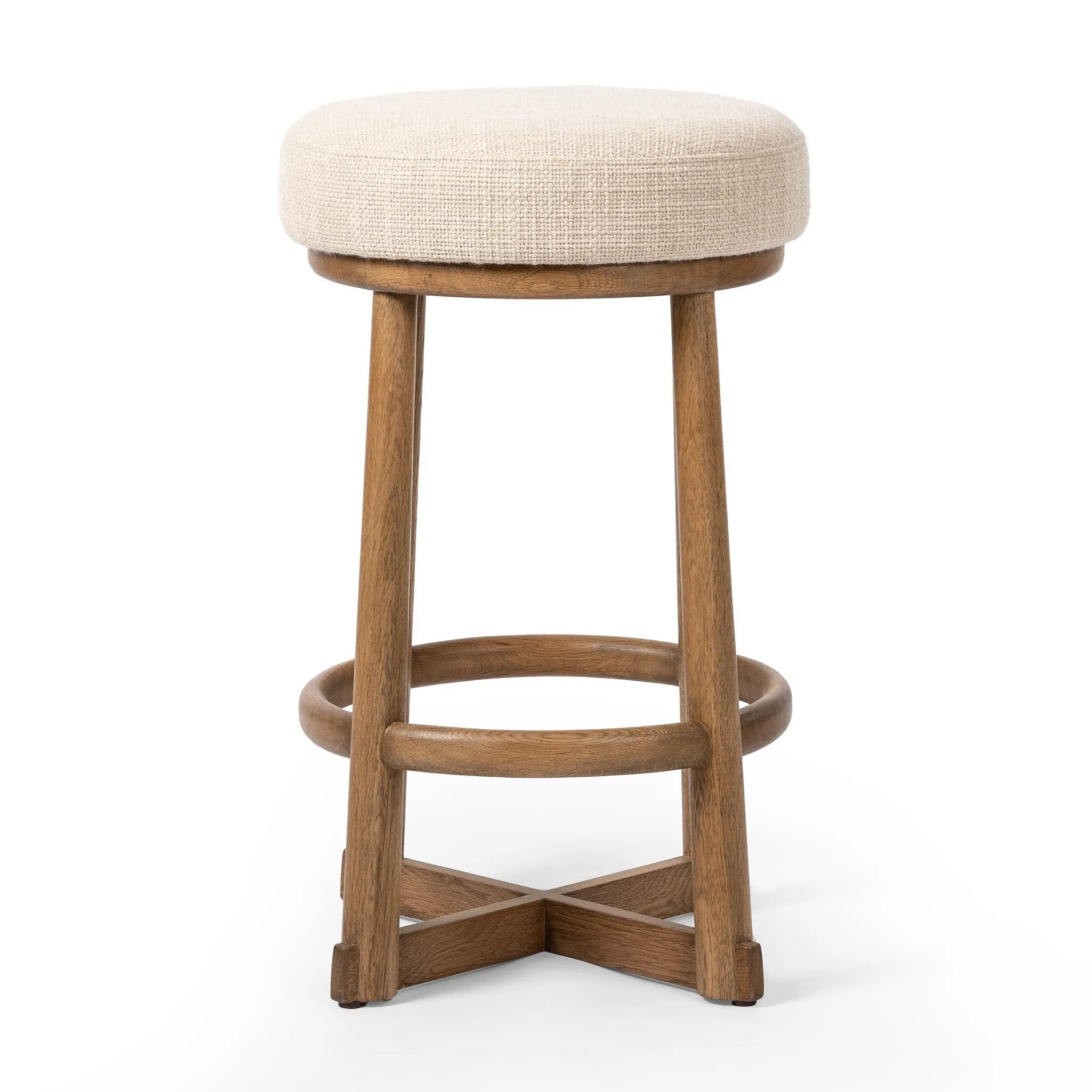 Featuring Staria Saxon Sand Swivel Stool by Four Hands at Amethyst Home. Perfectly sized for the counter, a 360-degree swivel stool pairs a warm oak frame with sand seating in a chunky basketweave. Tapered legs meet a crossed base ties it all together. Overall Dimensions: 18.25"w x 18.25"d x 27.50"h. Amethyst Home provides interior design, new home construction design consulting, vintage area rugs, and lighting in the Dallas metro area.