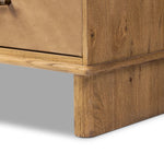 Bring a Nordic, material-driven look to your bedroom with a six-drawer dresser of grain-rich oak and drawer fronts covered with tan top-grain leather. Finished out with long, linear iron hardware Amethyst Home provides interior design, new home construction design consulting, vintage area rugs, and lighting in the Monterey metro area.