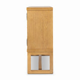 Worn oak sideboard with paneled doors, all atop an elevated stand. With natural cracks for character, this piece brings bonus storage and vintage charm to dining spaces Amethyst Home provides interior design, new home construction design consulting, vintage area rugs, and lighting in the Alpharetta metro area.