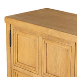 Worn oak sideboard with paneled doors, all atop an elevated stand. With natural cracks for character, this piece brings bonus storage and vintage charm to dining spaces Amethyst Home provides interior design, new home construction design consulting, vintage area rugs, and lighting in the Laguna Beach metro area.