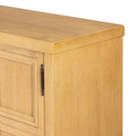 Worn oak sideboard with paneled doors, all atop an elevated stand. With natural cracks for character, this piece brings bonus storage and vintage charm to dining spaces Amethyst Home provides interior design, new home construction design consulting, vintage area rugs, and lighting in the Nashville metro area.