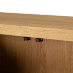 Worn oak sideboard with paneled doors, all atop an elevated stand. With natural cracks for character, this piece brings bonus storage and vintage charm to dining spaces Amethyst Home provides interior design, new home construction design consulting, vintage area rugs, and lighting in the Scottsdale metro area.