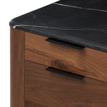 Design your home office with hallmark features inspired by soft Brutalism. Made from solid walnut and poplar woods with a natural finish, the five-drawer executive desk is topped with a black marble top with half bullnose edging for smooth contours. High-quality hardware is crafted from black iron Amethyst Home provides interior design, new home construction design consulting, vintage area rugs, and lighting in the Tampa metro area.