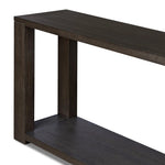 Made from oak veneer finished in a dark anthracite, a long, open-style console table brings a rich, clean look to your living or media room. Lower shelving brings bonus storage and display of media, favorite books and more Amethyst Home provides interior design, new home construction design consulting, vintage area rugs, and lighting in the Washington metro area.