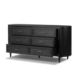 Infuse your collection with timeless midcentury design. Crafted from oak and parawood, a six-drawer dresser is finished in a matte black, with simple brass hardware Amethyst Home provides interior design, new home construction design consulting, vintage area rugs, and lighting in the Charlotte metro area.