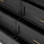 Infuse your collection with timeless midcentury design. Crafted from oak and parawood, a six-drawer dresser is finished in a matte black, with simple brass hardware Amethyst Home provides interior design, new home construction design consulting, vintage area rugs, and lighting in the Dallas metro area.