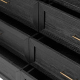 Infuse your collection with timeless midcentury design. Crafted from oak and parawood, a six-drawer dresser is finished in a matte black, with simple brass hardware Amethyst Home provides interior design, new home construction design consulting, vintage area rugs, and lighting in the Dallas metro area.