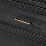 Infuse your collection with timeless midcentury design. Crafted from oak and parawood, a six-drawer dresser is finished in a matte black, with simple brass hardware Amethyst Home provides interior design, new home construction design consulting, vintage area rugs, and lighting in the Kansas City metro area.