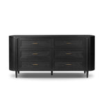 Infuse your collection with timeless midcentury design. Crafted from oak and parawood, a six-drawer dresser is finished in a matte black, with simple brass hardware Amethyst Home provides interior design, new home construction design consulting, vintage area rugs, and lighting in the Seattle metro area.