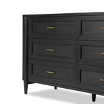 Infuse your collection with timeless midcentury design. Crafted from oak and parawood, a six-drawer dresser is finished in a matte black, with simple brass hardware Amethyst Home provides interior design, new home construction design consulting, vintage area rugs, and lighting in the Tampa metro area.