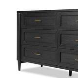 Infuse your collection with timeless midcentury design. Crafted from oak and parawood, a six-drawer dresser is finished in a matte black, with simple brass hardware Amethyst Home provides interior design, new home construction design consulting, vintage area rugs, and lighting in the Tampa metro area.