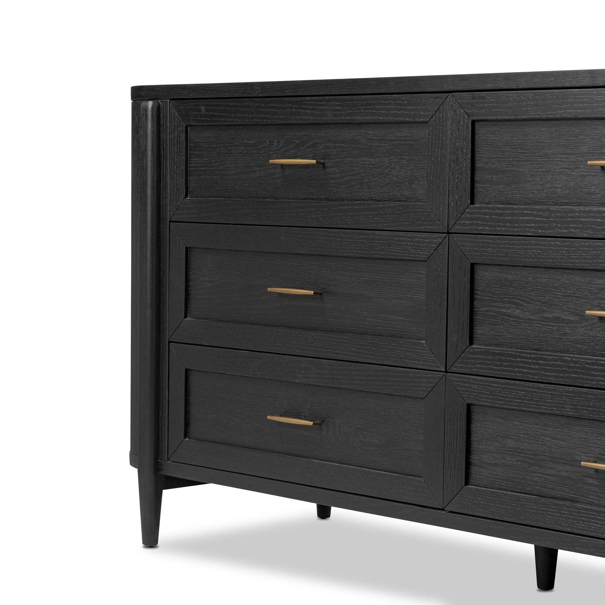 Infuse your collection with timeless midcentury design. Crafted from oak and parawood, a six-drawer dresser is finished in a matte black, with simple brass hardware Amethyst Home provides interior design, new home construction design consulting, vintage area rugs, and lighting in the Tampa metro area.