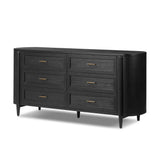 Infuse your collection with timeless midcentury design. Crafted from oak and parawood, a six-drawer dresser is finished in a matte black, with simple brass hardware Amethyst Home provides interior design, new home construction design consulting, vintage area rugs, and lighting in the Washington metro area.