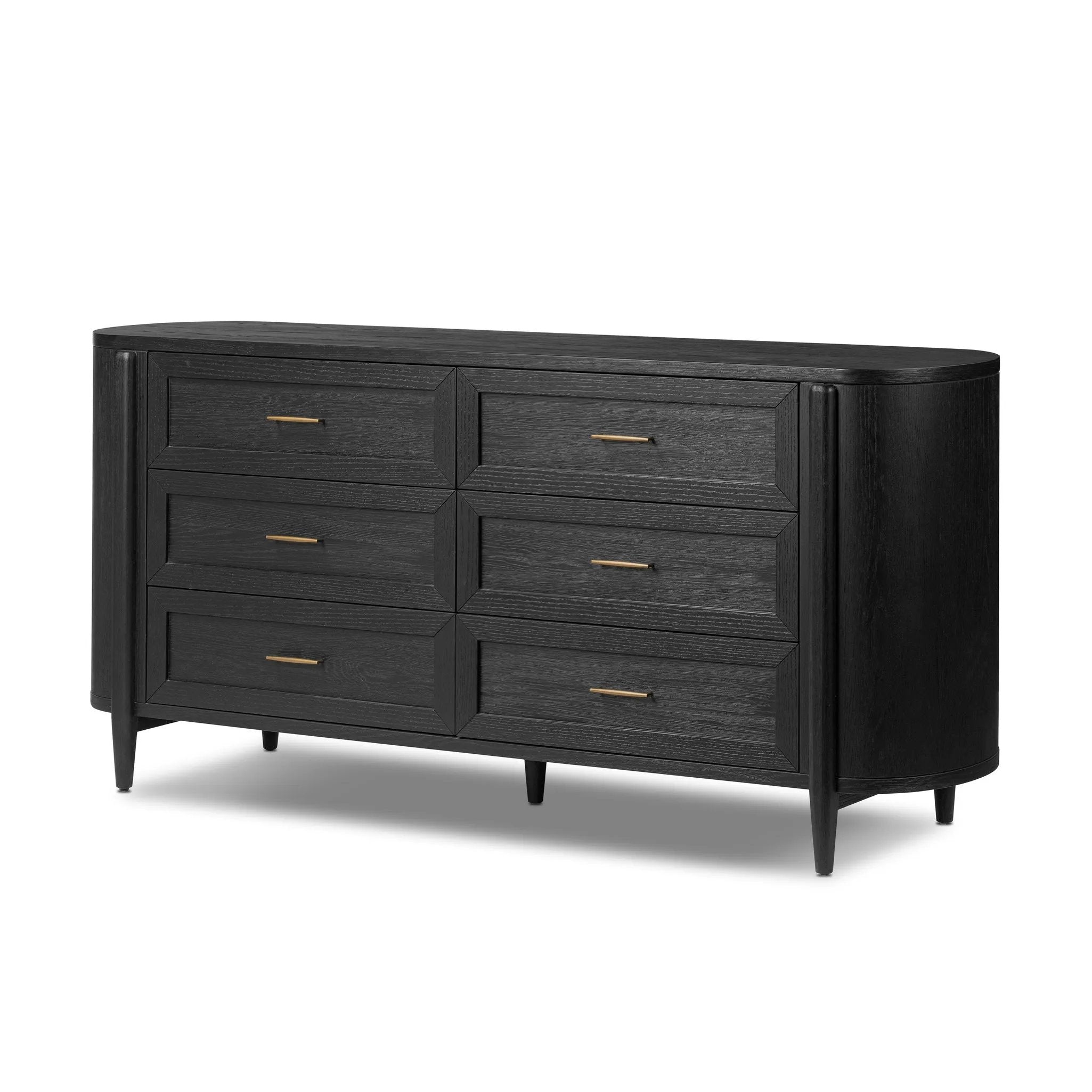 Infuse your collection with timeless midcentury design. Crafted from oak and parawood, a six-drawer dresser is finished in a matte black, with simple brass hardware Amethyst Home provides interior design, new home construction design consulting, vintage area rugs, and lighting in the Washington metro area.