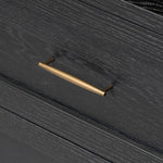 Infuse your collection with timeless midcentury design. Crafted from oak and parawood, a two-drawer nightstand is finished in a matte black, with simple brass hardware Amethyst Home provides interior design, new home construction design consulting, vintage area rugs, and lighting in the Des Moines metro area.