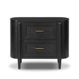 Infuse your collection with timeless midcentury design. Crafted from oak and parawood, a two-drawer nightstand is finished in a matte black, with simple brass hardware Amethyst Home provides interior design, new home construction design consulting, vintage area rugs, and lighting in the Los Angeles metro area.