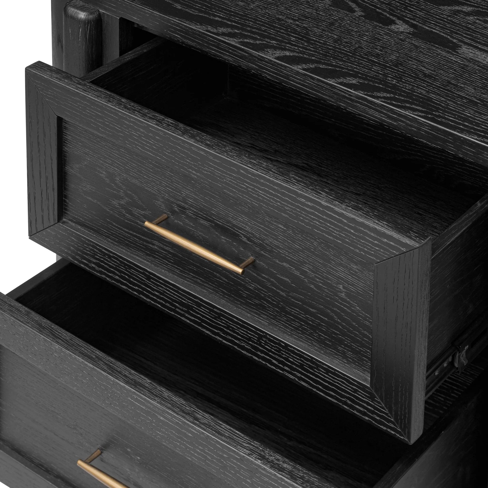 Infuse your collection with timeless midcentury design. Crafted from oak and parawood, a two-drawer nightstand is finished in a matte black, with simple brass hardware Amethyst Home provides interior design, new home construction design consulting, vintage area rugs, and lighting in the Winter Garden metro area.