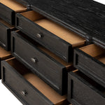 Made from distressed black-finished oak with slim legs, nine drawers bring antique European vibes to modern bedroom styling. This item has been modified to comply with the STURDY Act. See a full list of modified products and data changes in the “STURDY Act” file in the Downloads section below Amethyst Home provides interior design, new home construction design consulting, vintage area rugs, and lighting in the Tampa metro area.