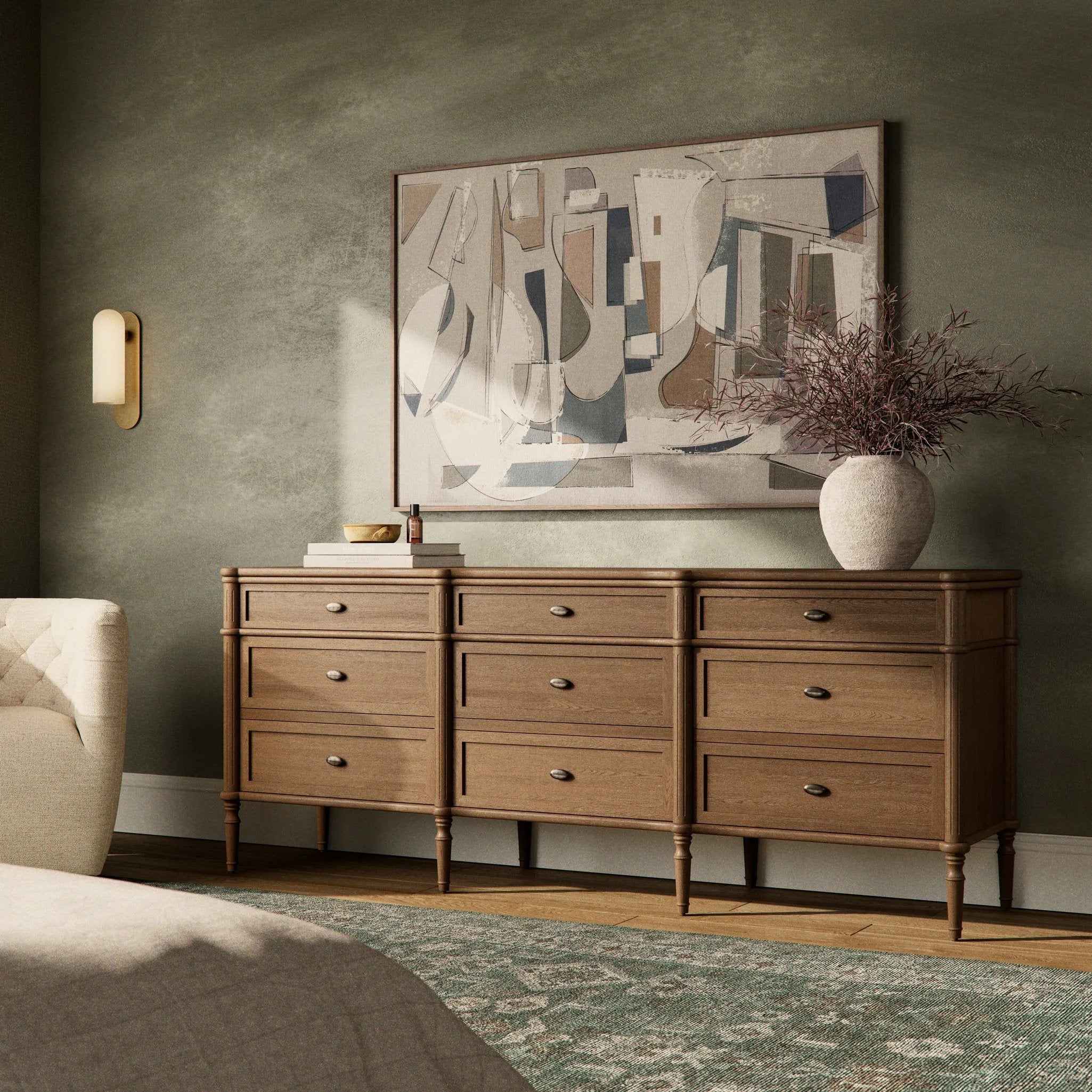 Made from toasted oak with slim legs, nine drawers bring antique European vibes to modern bedroom styling. This item has been modified to comply with the STURDY Act. See a full list of modified products and data changes in the “STURDY Act” file in the Downloads section below Amethyst Home provides interior design, new home construction design consulting, vintage area rugs, and lighting in the Washington metro area.