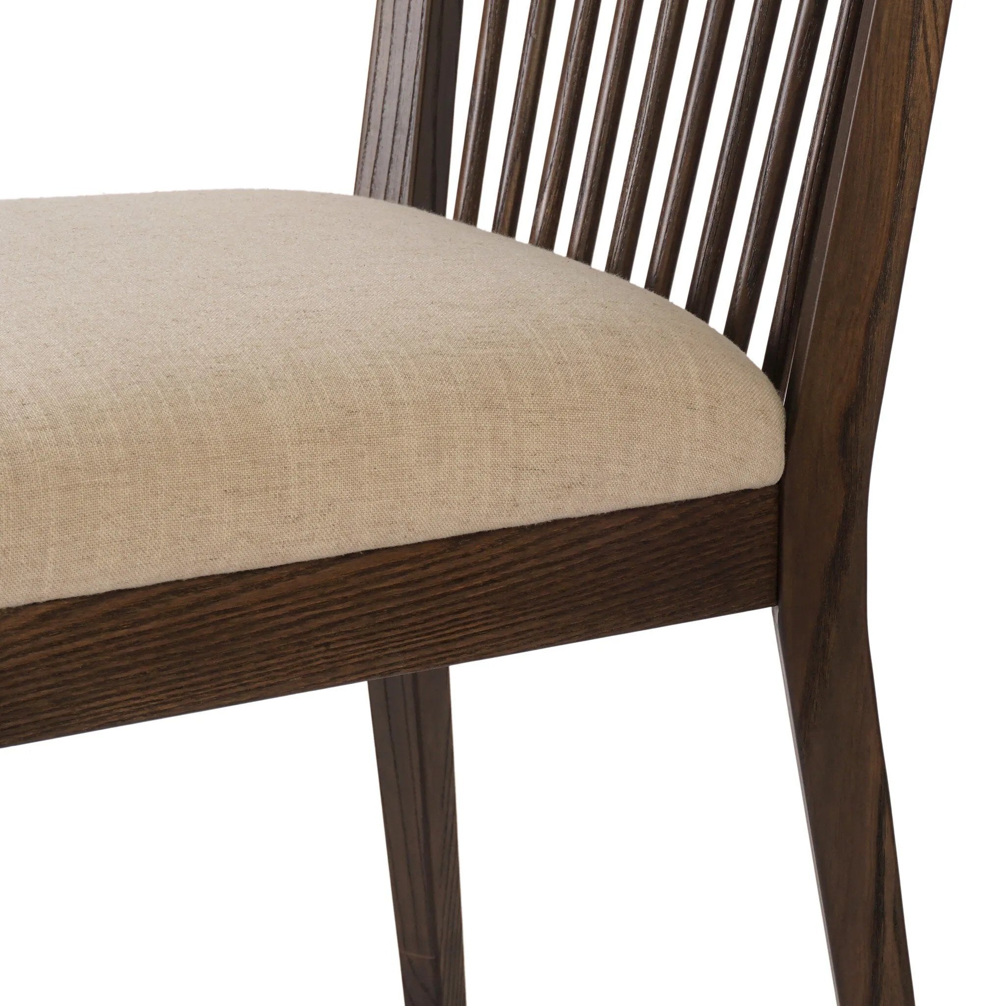 A linear dining style inspired by Japanese tea houses, crafted from natural ash. Designed for comfort, a thick cushion seat is upholstered in a casual poly-linen blend Amethyst Home provides interior design, new home construction design consulting, vintage area rugs, and lighting in the Nashville metro area.