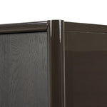 Lacquered cabinets make for evocative storage with their everlasting glossy finish. Great for small spaces, this sideboard with interior shelves features worn black oak doors for balance and contrast Amethyst Home provides interior design, new home construction design consulting, vintage area rugs, and lighting in the San Diego metro area.