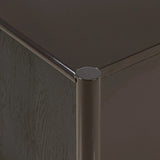 Lacquered cabinets make for evocative storage with their everlasting glossy finish. Great for small spaces, this sideboard with interior shelves features worn black oak doors for balance and contrast Amethyst Home provides interior design, new home construction design consulting, vintage area rugs, and lighting in the Tampa metro area.