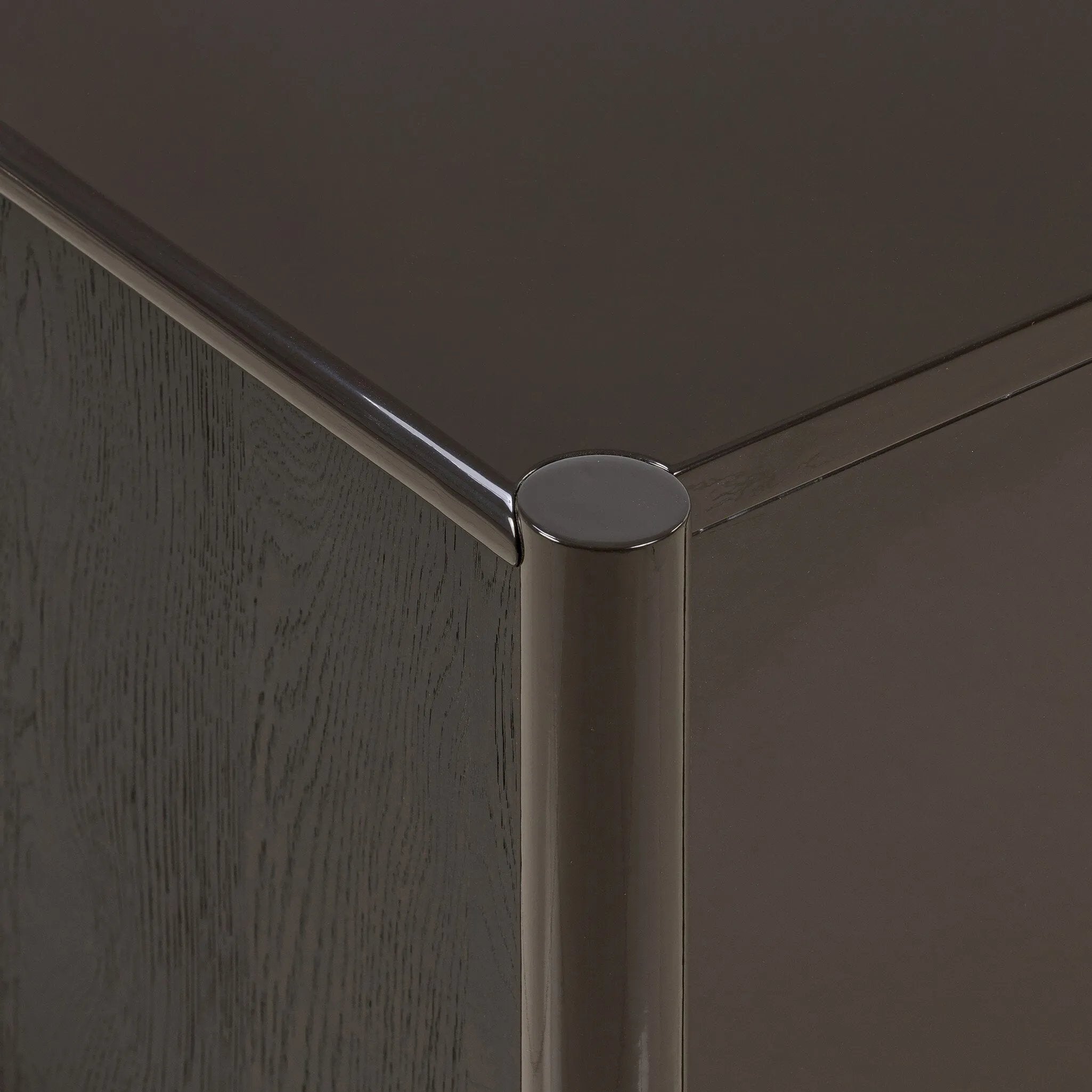 Lacquered cabinets make for evocative storage with their everlasting glossy finish. Great for small spaces, this sideboard with interior shelves features worn black oak doors for balance and contrast Amethyst Home provides interior design, new home construction design consulting, vintage area rugs, and lighting in the Tampa metro area.