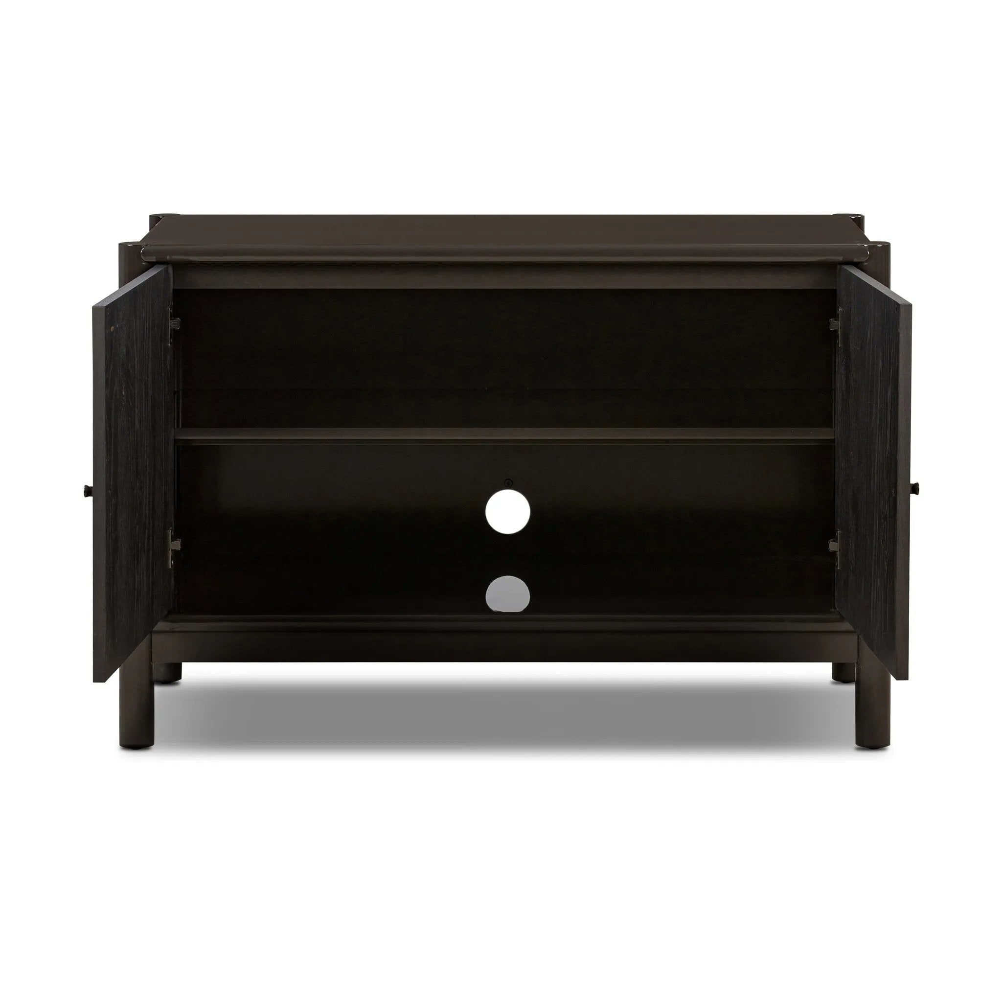 Lacquered cabinets make for evocative storage with their everlasting glossy finish. Great for small spaces, this sideboard with interior shelves features worn black oak doors for balance and contrast Amethyst Home provides interior design, new home construction design consulting, vintage area rugs, and lighting in the Washington metro area.