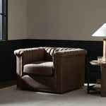 Featuring Watson Palermo Cigar Swivel Chair by Four Hands at Amethyst Home. Try a uniquely fresh take on traditional. Squared arms reimagine the English roll arm, with vertical channeling for a linear look with great texture. Swivel chair is upholstered in a thick-cut leather with natural graining throughout for added depth.
Overall Dimensions: 37.00"w x 33. Amethyst Home provides interior design, new home construction design consulting, vintage area rugs, and lighting in the Nashville metro area.