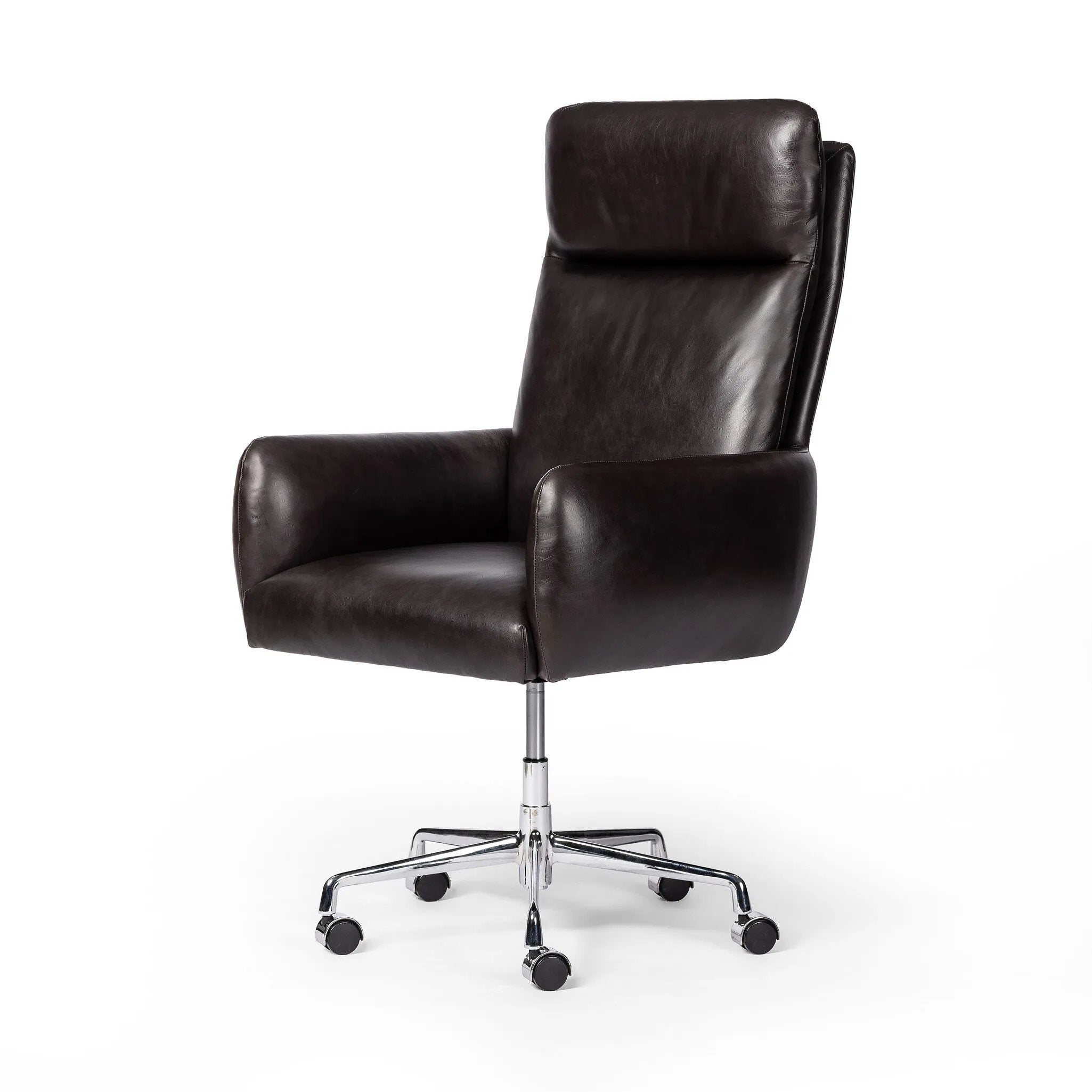 Featuring Wayland Sonoma Black Desk Chair by Four Hands at Amethyst Home. Pillowy knife-edge arms wrapped in black top-grain leather enhance the classic silhouette of this executive-sized desk chair. A polished aluminum swivel base features casters and height adjustability for added ease.
Overall Dimensions: 30.5" L x 29.0 " W x 42.0" H
Materials: Top Grain. Amethyst Home provides interior design, new home construction design consulting, vintage area rugs, and lighting in the Charlotte metro area.