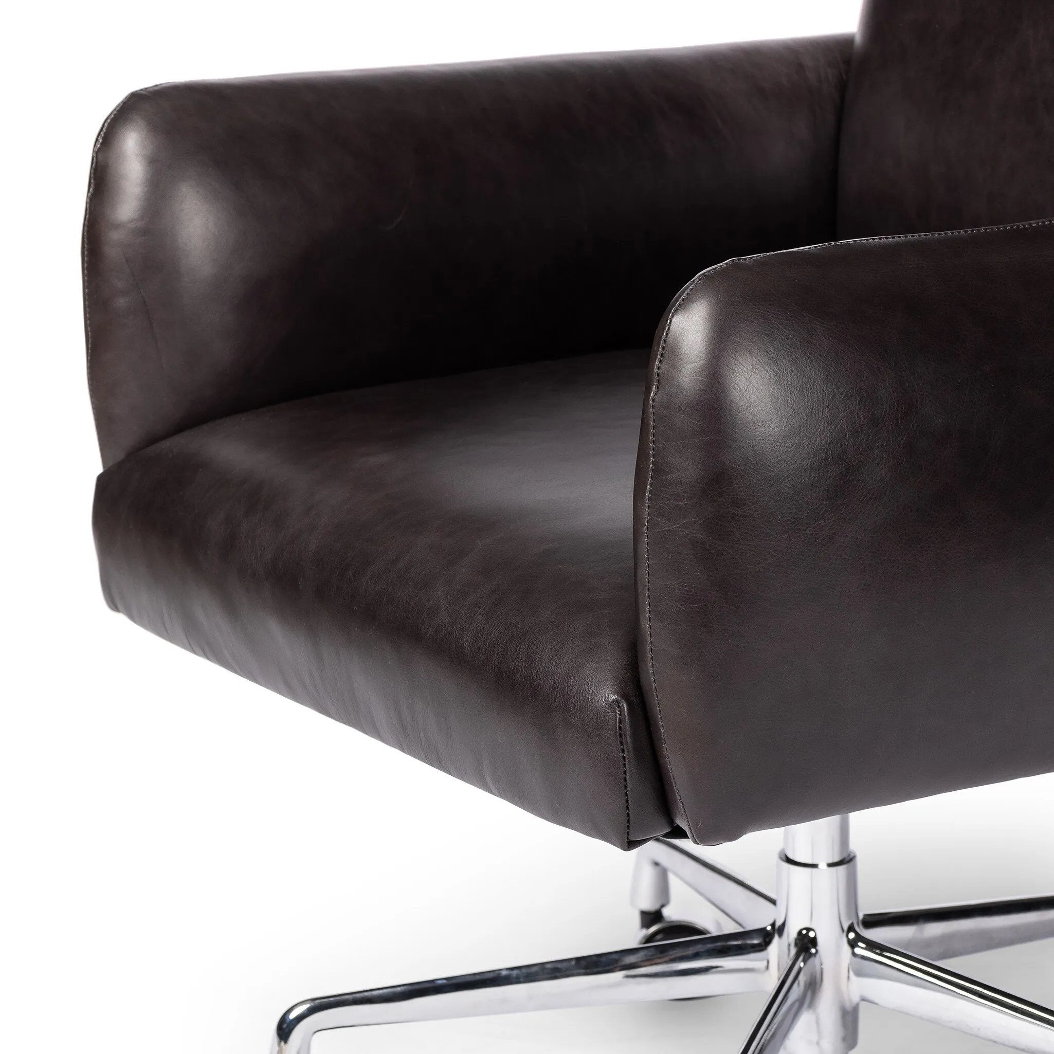 Featuring Wayland Sonoma Black Desk Chair by Four Hands at Amethyst Home. Pillowy knife-edge arms wrapped in black top-grain leather enhance the classic silhouette of this executive-sized desk chair. A polished aluminum swivel base features casters and height adjustability for added ease.
Overall Dimensions: 30.5" L x 29.0 " W x 42.0" H
Materials: Top Grai. Amethyst Home provides interior design, new home construction design consulting, vintage area rugs, and lighting in the Des Moines metro area.