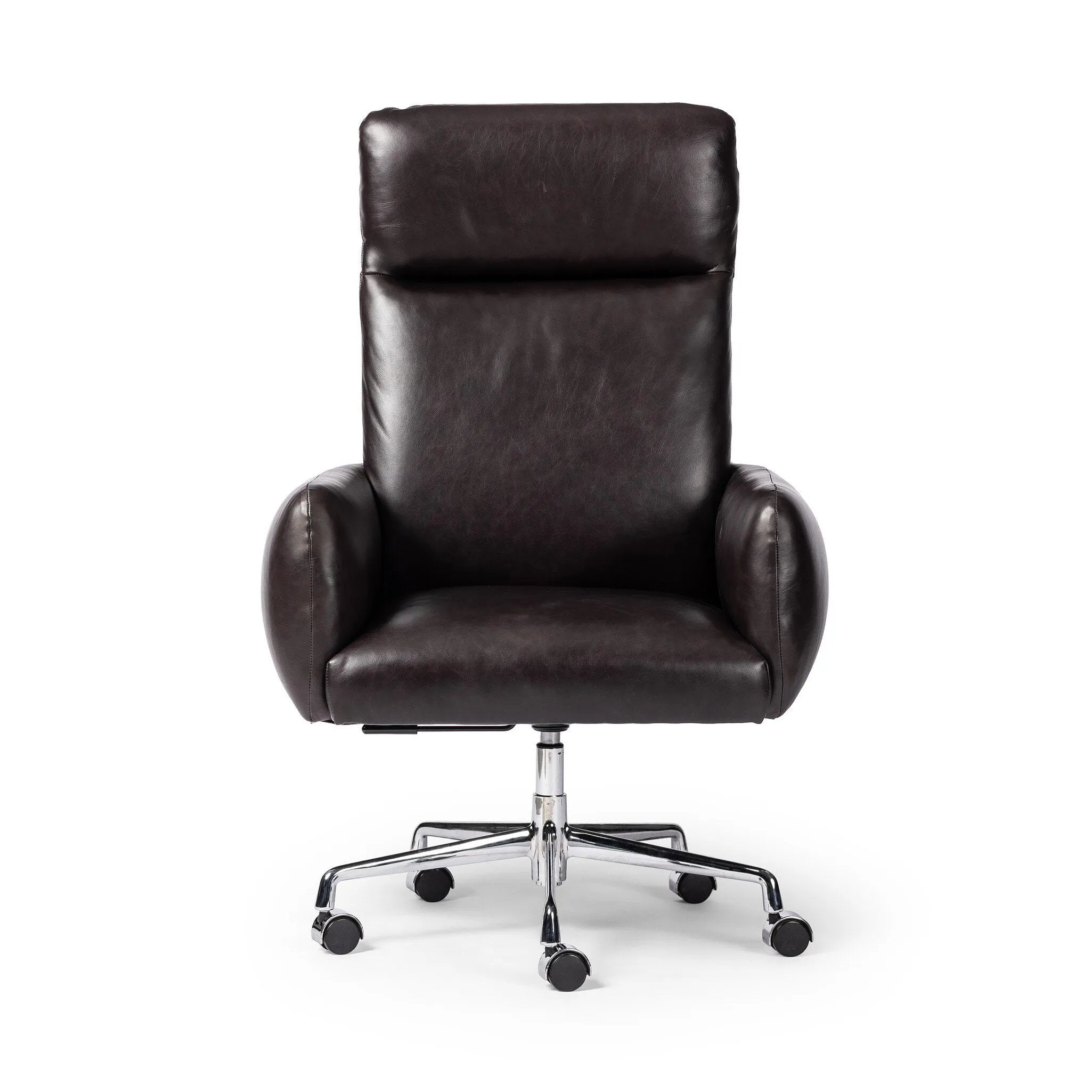 Featuring Wayland Sonoma Black Desk Chair by Four Hands at Amethyst Home. Pillowy knife-edge arms wrapped in black top-grain leather enhance the classic silhouette of this executive-sized desk chair. A polished aluminum swivel base features casters and height adjustability for added ease.
Overall Dimensions: 30.5" L x 29.0 " W x 42.0" H
Materials: Top Grain. Amethyst Home provides interior design, new home construction design consulting, vintage area rugs, and lighting in the Park City metro area.