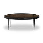 Smoky brown glass-topped table with slim, tapered matte black metal frames for a sleek, modern look. Part of a nesting set, can be used alone or paired with its smaller counterpart Amethyst Home provides interior design, new home construction design consulting, vintage area rugs, and lighting in the Alpharetta metro area.