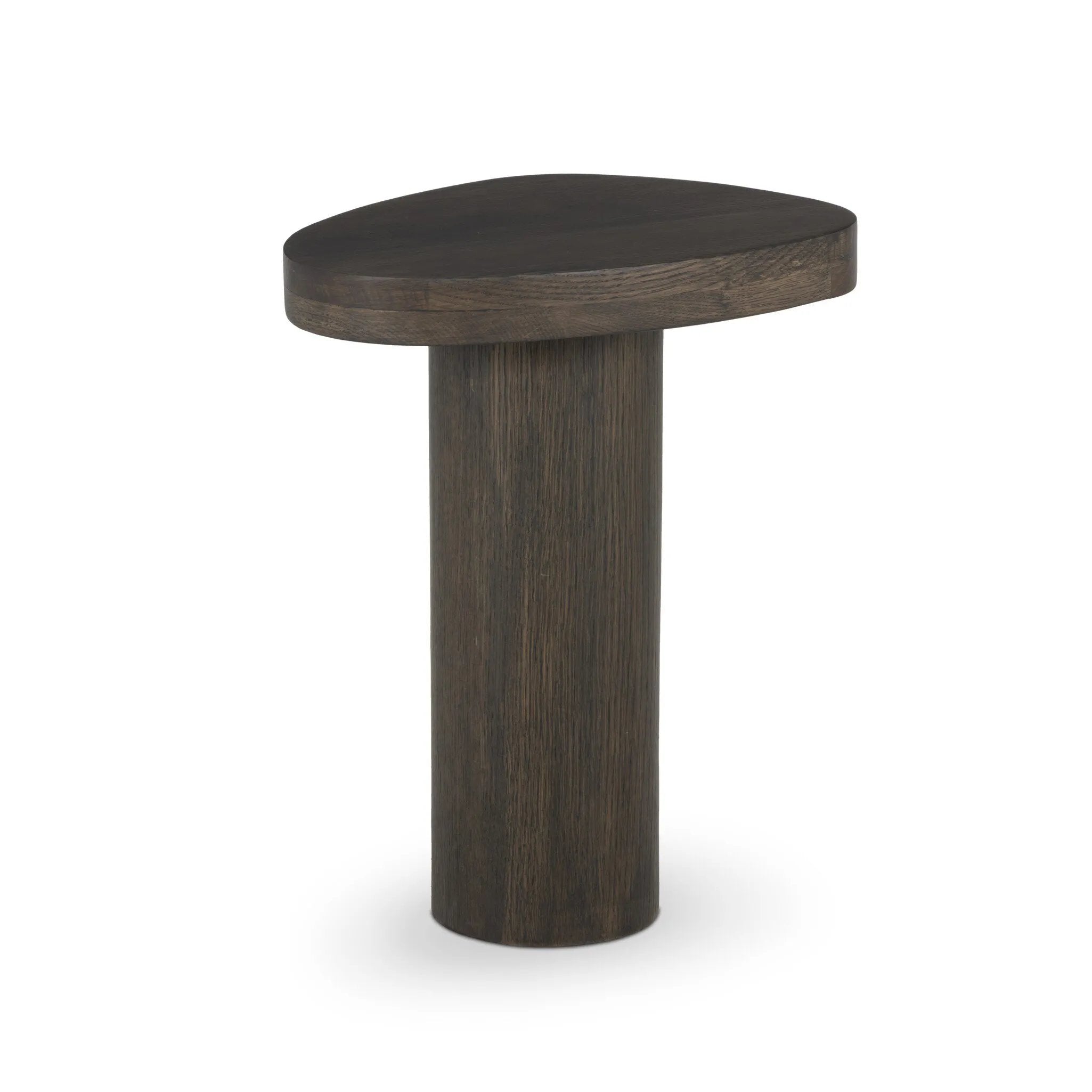 Shape and material share the spotlight in this pedestal-style end table of solid grey oak Amethyst Home provides interior design, new home construction design consulting, vintage area rugs, and lighting in the Omaha metro area.
