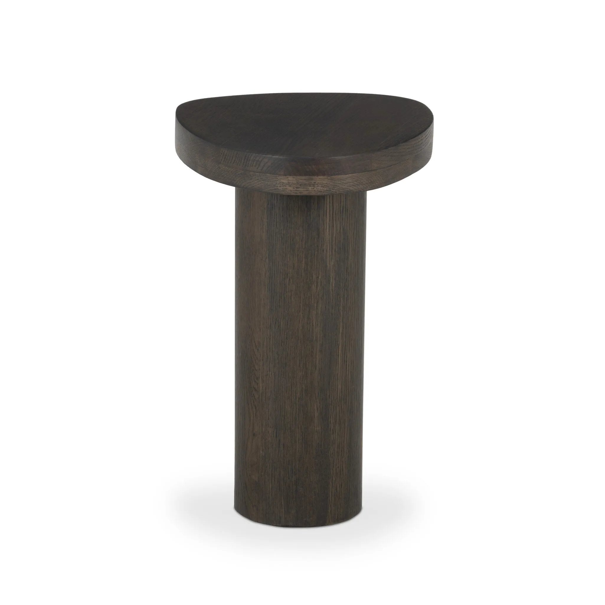 Shape and material share the spotlight in this pedestal-style end table of solid grey oak Amethyst Home provides interior design, new home construction design consulting, vintage area rugs, and lighting in the Park City metro area.