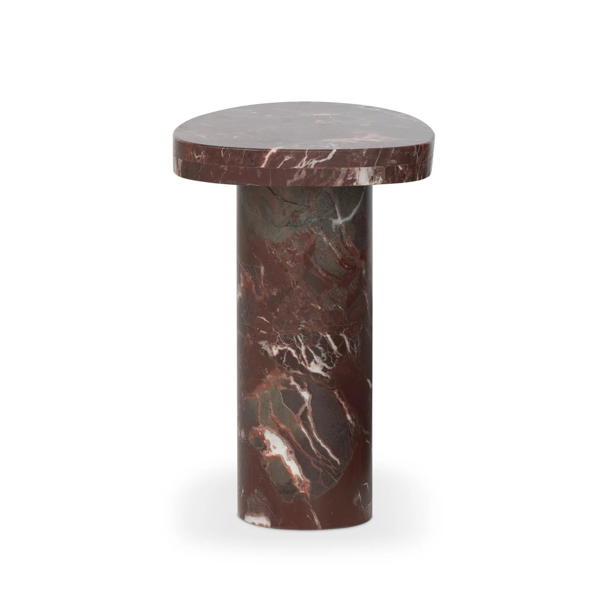 Shape and material share the spotlight in this pedestal-style end table of solid marble finished in a rich merlot with natural veining Amethyst Home provides interior design, new home construction design consulting, vintage area rugs, and lighting in the Dallas metro area.