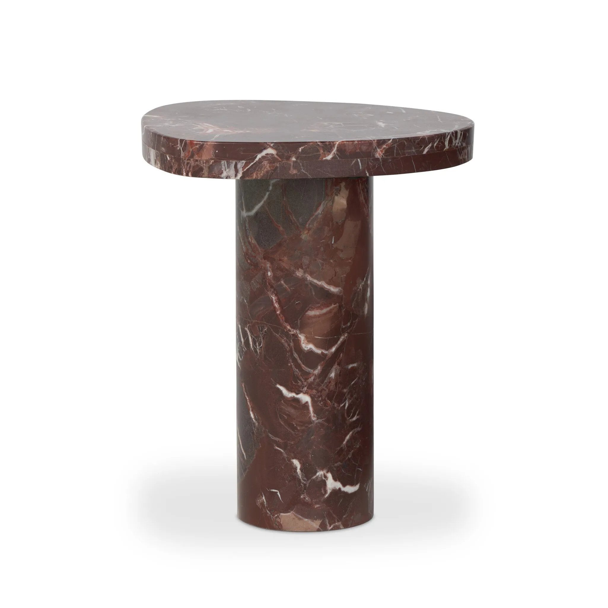 Shape and material share the spotlight in this pedestal-style end table of solid marble finished in a rich merlot with natural veining Amethyst Home provides interior design, new home construction design consulting, vintage area rugs, and lighting in the Nashville metro area.