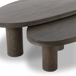 Made from solid natural oak, turned pillar-style legs complement organically shaped tabletops, perfectly sized for nesting. Option to buy tables individually or together as a two-piece set Amethyst Home provides interior design, new home construction design consulting, vintage area rugs, and lighting in the Des Moines metro area.