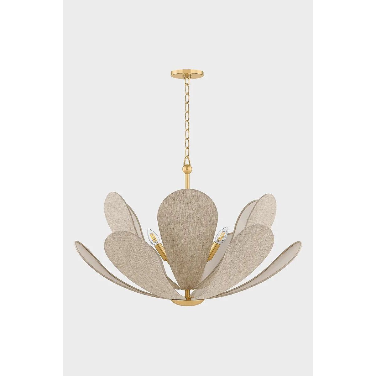 Inspired by the softly layered petals of a coneflower, this whimsical pendant blooms in mid-air to create an airy centerpiece. The natural linen shades of Nadine curl into a staggered, domed array that conceals the inner light source. Elegantly suspended from a refined Aged Brass rod and chain, Nadine is a botanic delight for the modern home. Amethyst Home provides interior design, new home construction design consulting, vintage area rugs, and lighting in the Salt Lake City metro area.
