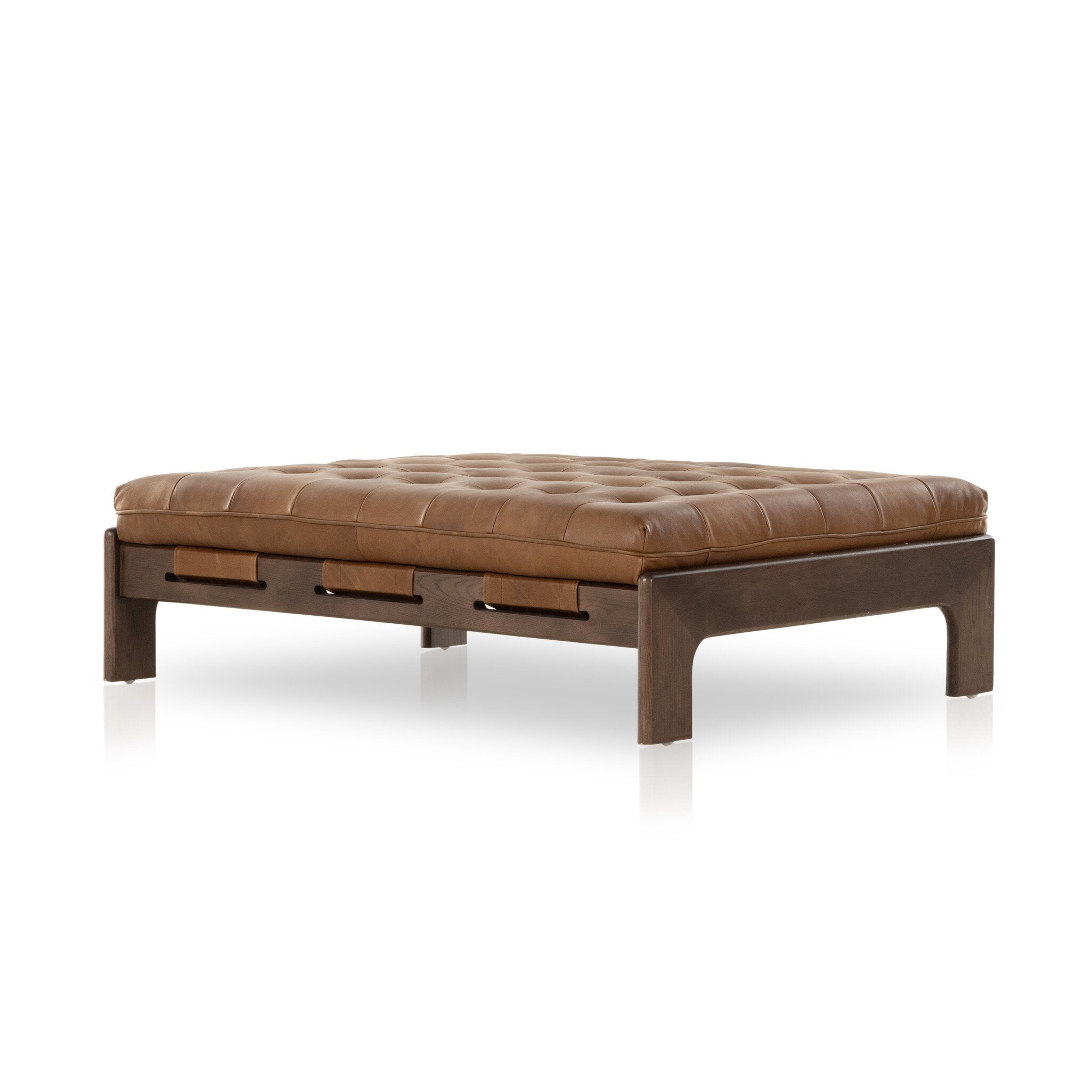 Featuring Halston Heirloom Sienna Cocktail Ottoman by Four Hands at Amethyst Home. A Seventies-era style inspired by a flea market find. Top-grain leather features dramatic tufting with sling detailing and wide ash framing below. Sourced from one of the oldest family-owned tanneries in Italy's Bassano del Grappa, heirloom leather is salvaged and processed from upcycled hides featurin. Amethyst Home provides interior design, new construction, custom furniture, and area rugs in the Boston metro area
