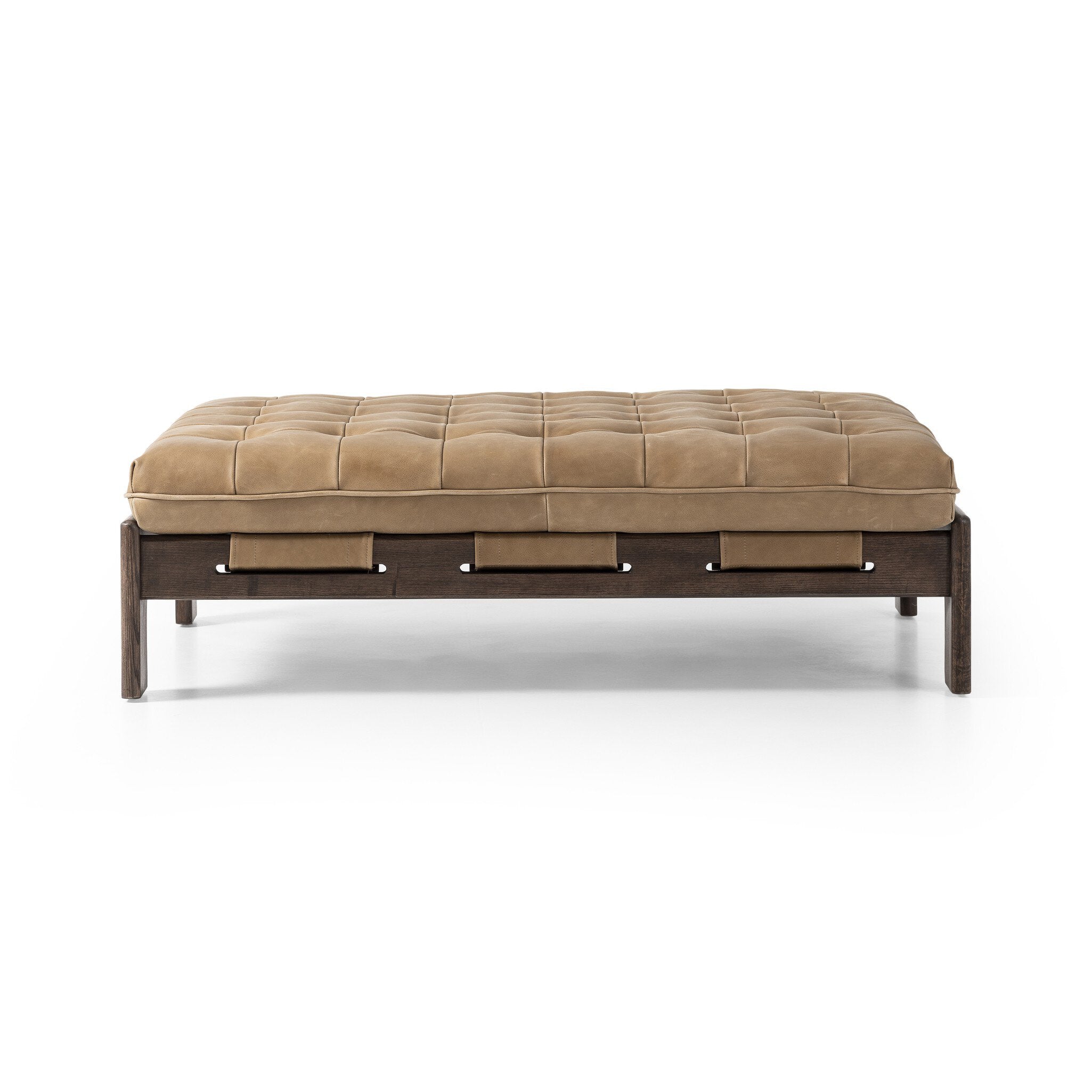 Featuring Halston Palermo Drift Cocktail Ottoman by Four Hands at Amethyst Home. Oversized cocktail ottoman topped in thick-cut top-grain leather in earthy taupe features dramatic tufting with sling detailing and a wide ash base.Overall Dimensions: 50.25"w x 37.00"d x 15.25"hWeight : 52.91 lbsMaterials : Top Grain Leather, Solid Ash, 100% Polyester. Amethyst Home provides interior design, new construction, custom furniture, and area rugs in the Omaha metro area