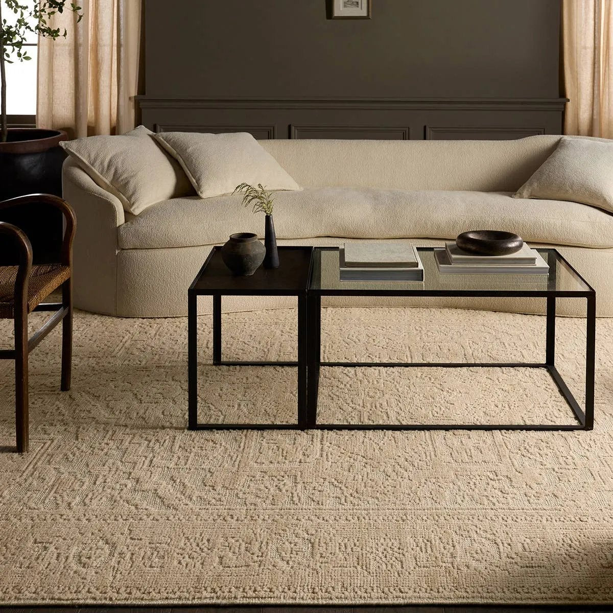 Featuring Aposio Pranhita Natural Hand-Knotted Rug by Jaipur Living at Amethyst Home. Exquisitely hand-knotted of Persian knots, this extraordinary 100% wool rug is a modern-day classic.  Its sculptural hand cut pile is plush, yet easy-to-care for and stain resistant. Handmade in wistful shades of cream and beige, the Pranhita design’s subtle cut-pile catch. Amethyst Home provides interior design, new home construction design consulting, vintage area rugs, and lighting in the Charlotte metro area.