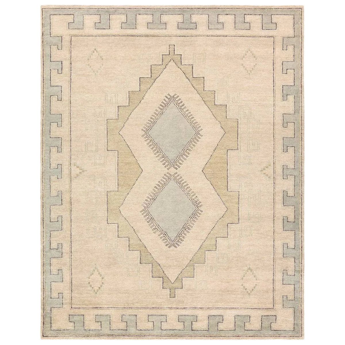 Featuring Azzurro Hand-Knotted Rug by Jaipur Living at Amethyst Home. Classic in pattern, modern in palette—the Azzurro rug offers the best of both worlds. A light green medallion motif unfolds across a soft cream backdrop, balancing timeless elegance with contemporary sensibility. Hand-carded wool lends a rich, organic texture—an ideal foundation for medium-t. Amethyst Home provides interior design, new home construction design consulting, vintage area rugs, and lighting in the Austin metro area.
