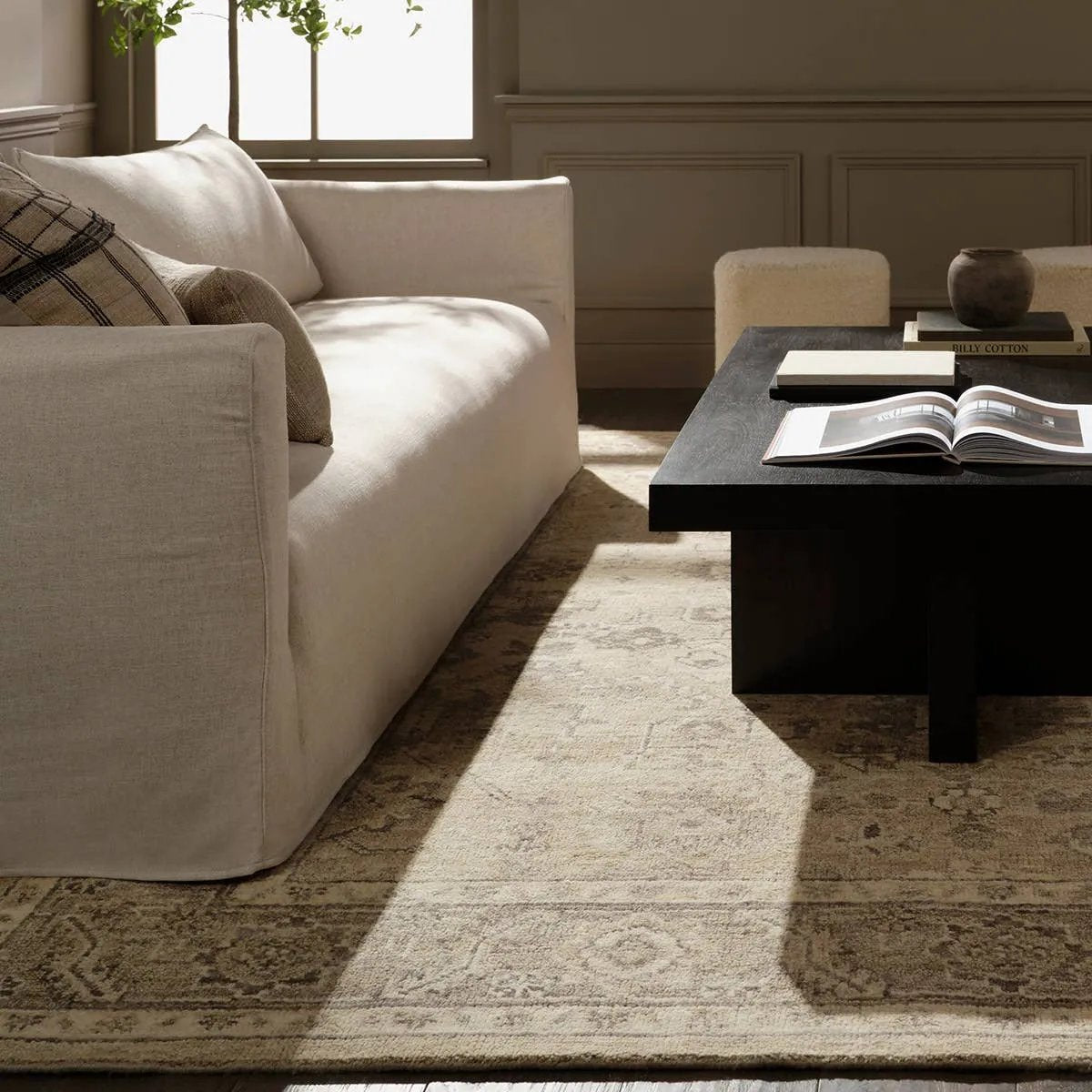 Featuring Rhan Hand-Knotted Rug by Jaipur Living at Amethyst Home. Where durability, style, and comfort come together, the Rhan rug's intricate design and sandy tones seamlessly settle into any space. This artisan-made rug is hand knotted, hand-carded, and handspun in India. It's soft to the touch and doesn't stain easily, so you can live more and worry les. Amethyst Home provides interior design, new home construction design consulting, vintage area rugs, and lighting in the Charlotte metro area.