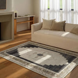 Featuring Stellar Rug by Jaipur Living at Amethyst Home. The Stellar design merges timeless tradition with a vintage-inspired aesthetic. Featuring a striking central medallion, this rug is set against an elegant beige and black backdrop, accented by rich green detailing. Its classic pattern, paired with a gently distressed finish, creates an heirloom quali. Amethyst Home provides interior design, new home construction design consulting, vintage area rugs, and lighting in the Alpharetta metro area.