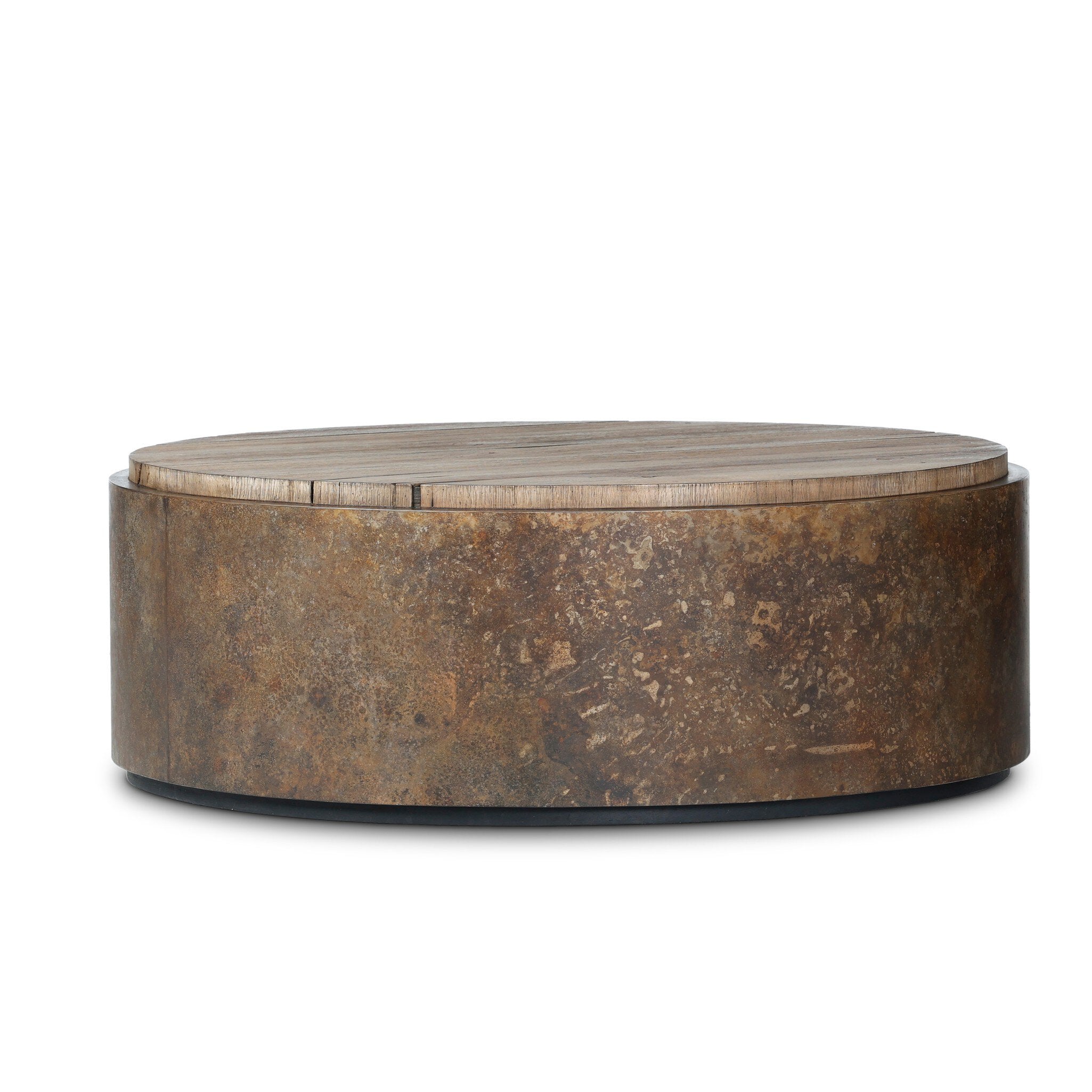 Featuring Kipp Burnt Bleached Oak Resawn Coffee Table by Four Hands at Amethyst Home. A drum-style table is wrapped in distressed aluminum with a rust finish, for a unique acid-wash effect. Topped with resawn oak which has been sun-bleached and torch-burned for both texture and character.Overall Dimensions: 47.50"w x 47.50"d x 16.00"hWeight : 136.69 lbsMaterials : Resawn Oak, Solid. Amethyst Home provides interior design, new construction, custom furniture, and area rugs in the Portland metro area