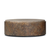 Featuring Kipp Burnt Bleached Oak Resawn Coffee Table by Four Hands at Amethyst Home. A drum-style table is wrapped in distressed aluminum with a rust finish, for a unique acid-wash effect. Topped with resawn oak which has been sun-bleached and torch-burned for both texture and character.Overall Dimensions: 47.50"w x 47.50"d x 16.00"hWeight : 136.69 lbsMaterials : Resawn Oak,. Amethyst Home provides interior design, new construction, custom furniture, and area rugs in the Salt Lake City metro area