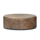 Featuring Kipp Burnt Bleached Oak Resawn Coffee Table by Four Hands at Amethyst Home. A drum-style table is wrapped in distressed aluminum with a rust finish, for a unique acid-wash effect. Topped with resawn oak which has been sun-bleached and torch-burned for both texture and character.Overall Dimensions: 47.50"w x 47.50"d x 16.00"hWeight : 136.69 lbsMaterials : Resawn Oak, Soli. Amethyst Home provides interior design, new construction, custom furniture, and area rugs in the San Diego metro area